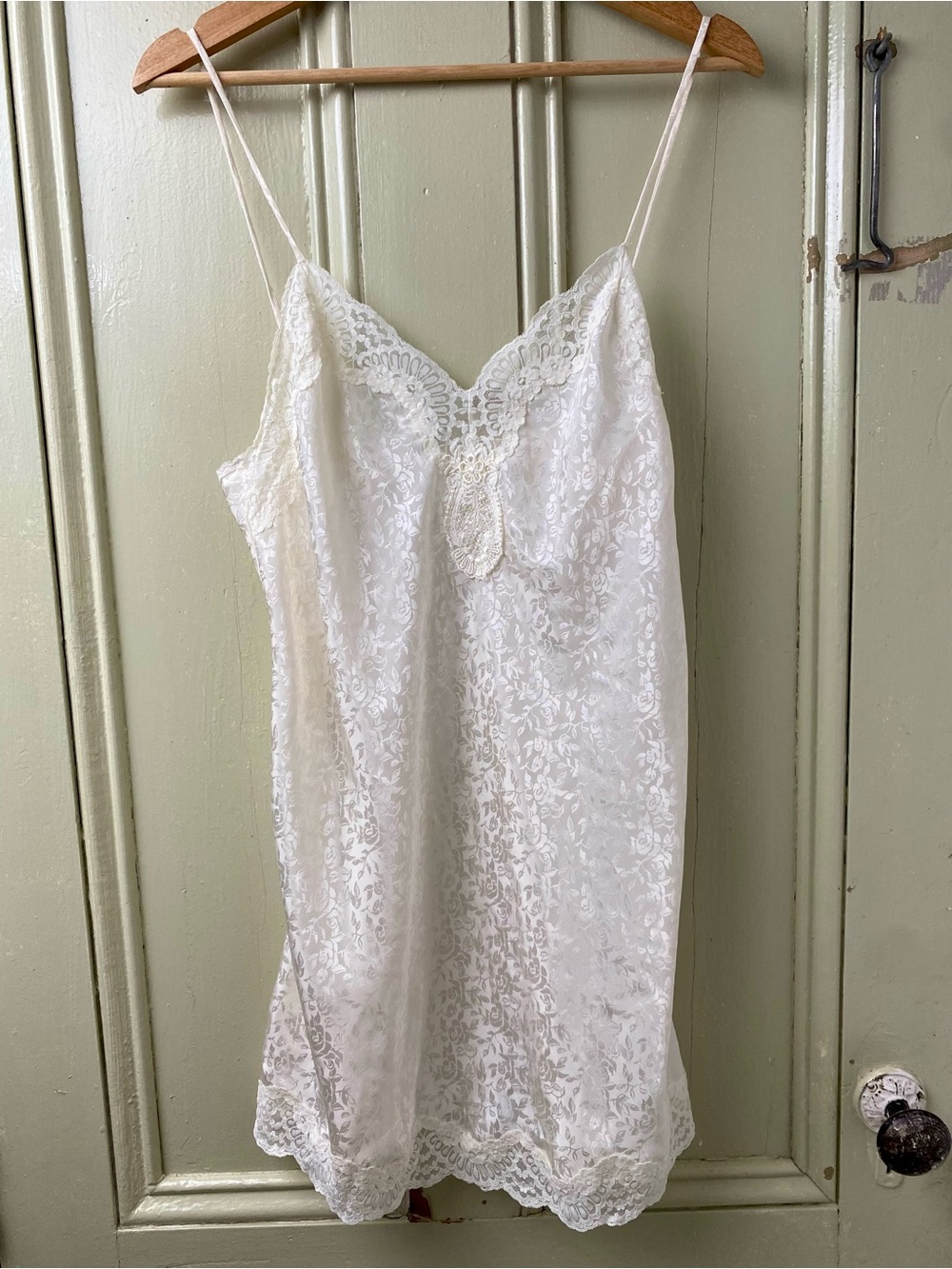 Lace-Trim Satin Chemise Slip in Ivory
